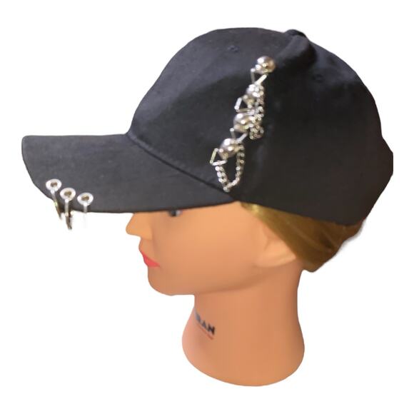 Black Punk-Style Baseball Cap w/ Silver Piercing Rings & Chains Detail. adjust. - Picture 2 of 6